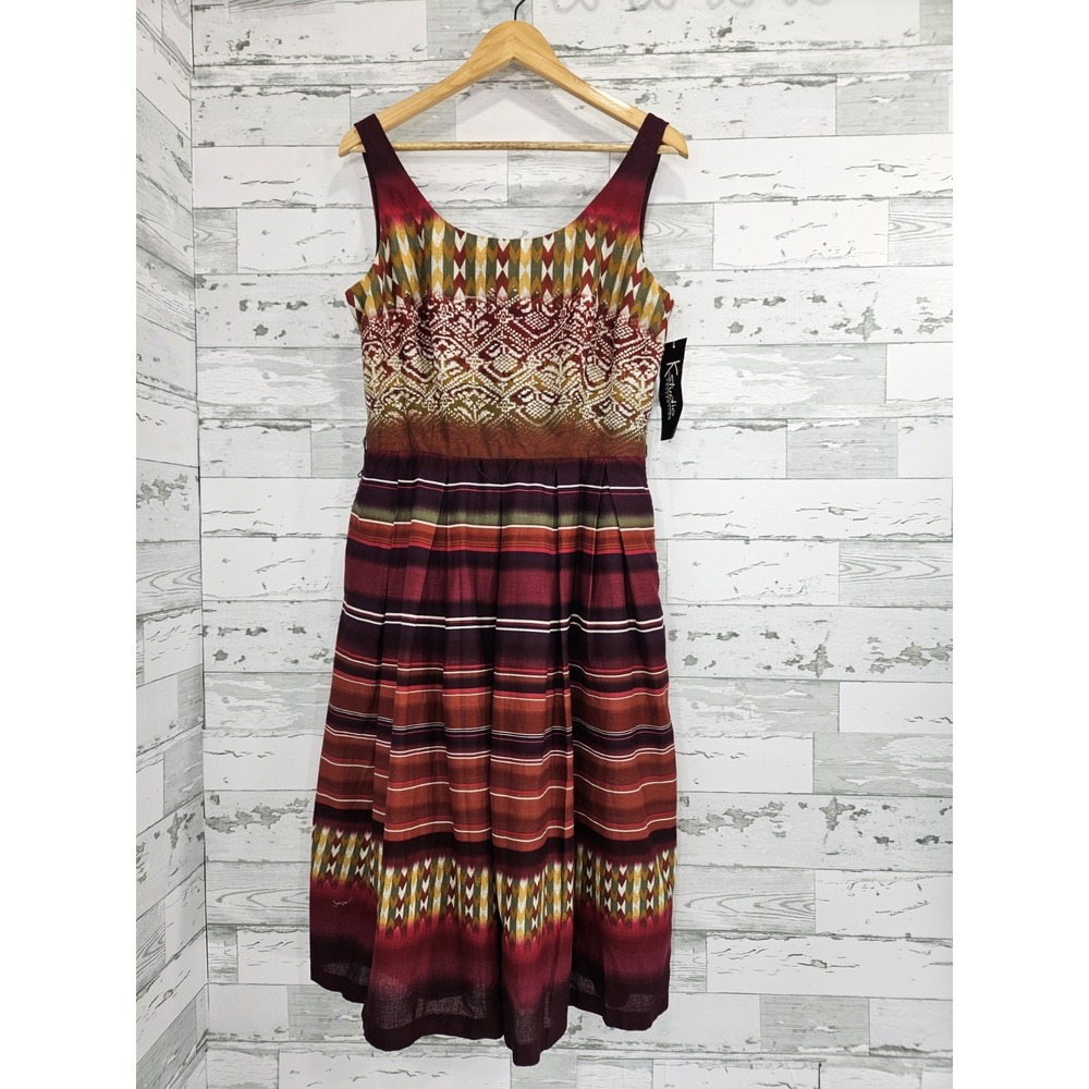 K Studio Collection Women 12 Midi Dress Cotton Smocked Back Pockets Multi Color